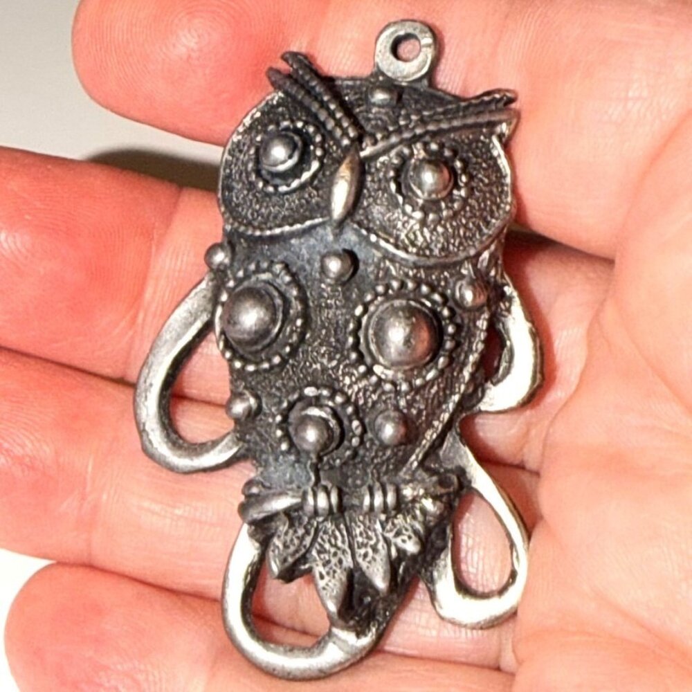 Vintage Pewter Tone Owl Pendant Large Ornate Bird Charm Necklace Jewelry Making